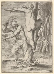 En satyr som pisker en nymfe, sett bakfra og bundet til et tre, en annen satyr..., ca. 1590-95