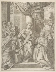 Det mystiske ekteskapet til Saint Catherine som sitter i sentrum med Kristusbarnet, engler med..., 1585.