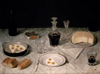 Stilleben med egg, brød, ost og vin (olje på lerret)