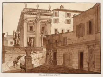 Michelangelos hus på Capitoline Hill, 1833 (etsing med brun vask)