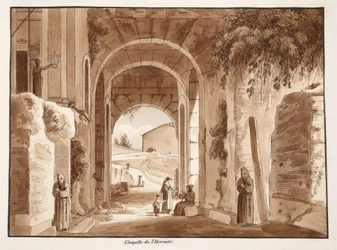 Eremittens kapell i Colosseum, 1833 (etsing med brun vask)
