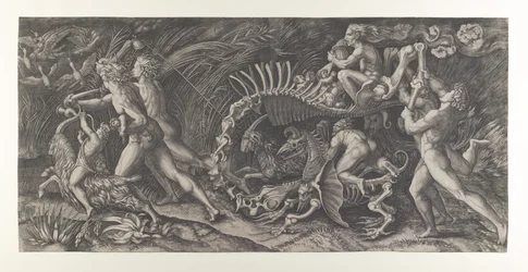 Lo Stregozzo: en heks som rir på et dyreskjelett, foran henne to menn og ..., ca. 1515-25