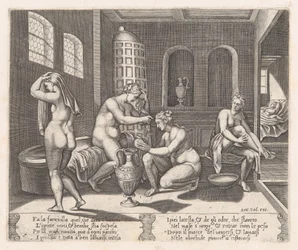 Plate 7: Psyche deltok i badet hennes, fra historien om Cupid og Psyche som fortalt av Apu..., 1530-60.