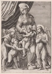 Jomfruen, spedbarnet Kristus, spedbarnet Saint John og to engler, datert 1516.