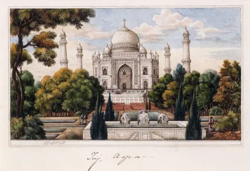 Taj Mahal fra hagen, ca. 1840 (penn og grått blekk, w/c, forsterket med innslag av hvitt,)