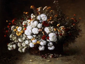 Stilleben med blomster (asters). Maleri av Aime Perret (1847–1927). Privat samling.