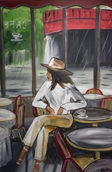 En kafé-scene på en regnfull dag