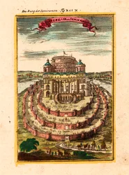 Festningen og de hengende hagene til den legendariske dronningen Semiramis i Babylon - Festningen Semiramis - Kobberstikk og akvarell av Alain Manesson Mallet (1630-1706)