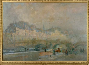 Paris, Monnaie-slusen; Vintersol eller utsikt over Pont Neuf og Île de la Cité (maleri på lerret)