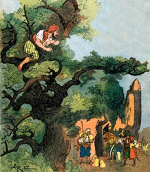 Ali baba overhører en gruppe på førti tyver som besøker skattebutikken deres Illustrasjon av Albert Robida for Ali Baba and the Forty Thieves 1945 Private Collection