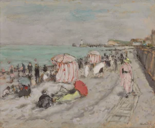 På stranden (olje på papir lagt ned på bord)