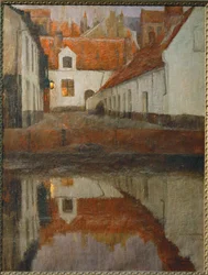 En liten by ved elvebredden, Flandern (maleri på lerret)
