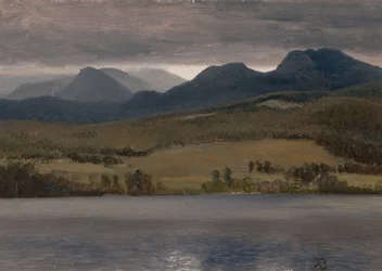 Solnedgang på innsjøen (antatt å være Lake Tahoe)