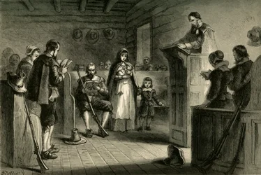 Offentlig tilbedelse i Plymouth by the Pilgrims, 1877.