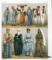 Tyrkiske kostymer fra 1800-tallet. Illustrasjon i "Le costume historique"" av Racinet