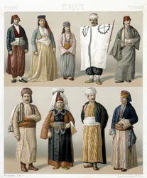 Tyrkiske kostymer fra 1800-tallet. Illustrasjon i "Le costume historique"" av Racinet