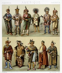Rød furudrakt. Illustrasjon i ""Den historiske drakten""" av Racinet