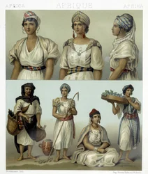Kostymer og hodeplagg til kabylkvinner (øverst). Tunisiske og algeriske kostymer (nederst). Illustrasjon i "" Le costume historique"" av Racinet