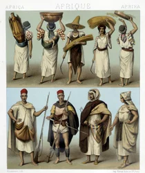 Kostymer fra Algerie og Tunisia. Illustrasjon i "Le costume historique"" av Racinet