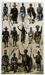 Kostymer fra Guinee, Senegal og Gabon. Illustrasjon i "Le costume historique"" av Racinet