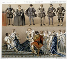 Kostymer til dronning Marguerite av Frankrike (nederst), og Henry IV (øverst) på 1600- og 1700-tallet. Illustrasjon i "" Le costume historique"" av Racinet