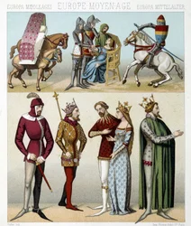 Middelalderens kostymer i Frankrike. Illustrasjon i "Le costume historique"" av Racinet