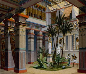 Egypt, interiør av velstående persons hjem i det gamle imperiet, litografi av Charpentier, fra Le Costume Historique (History of Costumes), Vol II, av Auguste Racinet