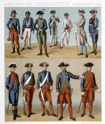 Franske militærdrakter på 1700-tallet. Illustrasjon i «Le costume historique» av Racinet