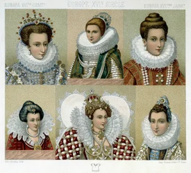 Frisør i Frankrike på 1500-tallet (og portrett av Marie de Medici) - i "" Le costume historique"" av Racinet, sent på 1800-tallet