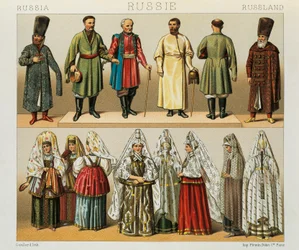 Historisk kjole fra det russiske folk, illustrasjon fra The Complete Costume History av Racinet Auguste