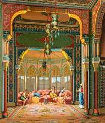 Interiør i tyrkisk bygning, illustrasjon fra Complete Costume History av Auguste Racinet