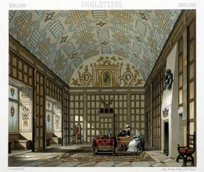 Interiør i et staselig hus i England på 1600-tallet. Illustrasjon i "" Le costume historique"" av Racinet