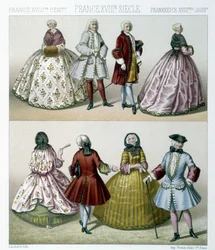 Menn og kvinner i moteriktige 1700-tallskostymer i Frankrike. Illustrasjon i "" Le costume historique"" av Racinet
