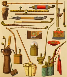 Pipe og gjenstander brukt av røykere, litografi av Schmidt fra The Complete Costume History, første bind, av Auguste Racinet (1825-1893), Paris