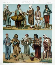 Populære kostymer i Afrika. Illustrasjon i "Den historiske drakten"" av Racinet
