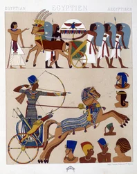 Reproduksjon av freskomalerier fra det gamle Egypt inkludert Ramses II på tanken hans - i "The historical costume"" av Racinet