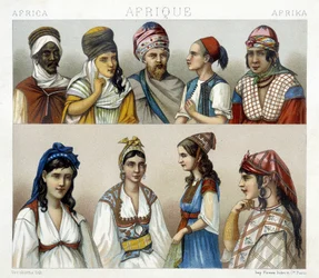 Tradisjonelle drakter og hodeplagg for menn og kvinner i Algerie. Illustrasjon i «Le costume historique» av Racinet