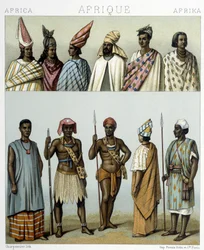 Tradisjonelle kostymer fra Senegal. Illustrasjon i "Le costume historique"" av Racinet