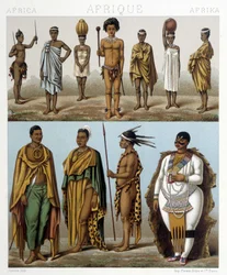 Ulike menn fra Sør-Afrika. Illustrasjon i "Le costume historique"" av Racinet