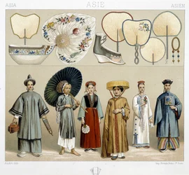 Forskjellige damekostymer i Kina: vifter, sko... - i "The historical costume" av Racinet