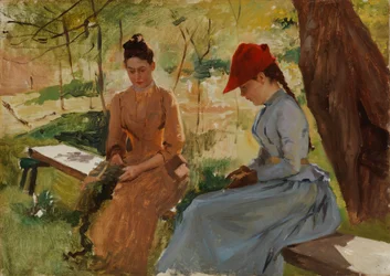 Jenter som binder girlandere - kunstnerens søstre Annie og Berta som binder girlandere, studie
