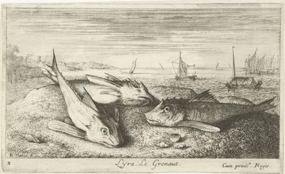 Tre saltvannsfisker på stranden Lyta, Le grenaut. (tittel på objekt) Fisk og andre sjødyr - saltvanns første serie (serietittel) Diverse Especes de Poissons de mer (serietittel)