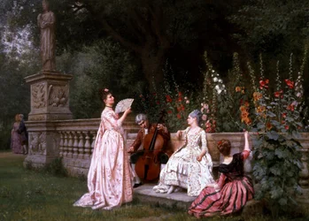 Samtale i hagen. Tre kvinner nær en balustrade lytter til musikken til en cellist mens et par prater sammen (forføring) bakerst i hagen. Maleri av Albert Girard (1839–1920 fransk) Privat samling