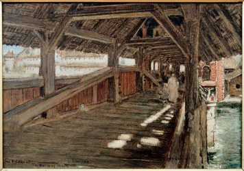 Dødsdansbroen (Spreuerbrücke) i Luzern. Maleri av Albert Goodwin (1845–1932). Olje på lerret. Privat samling.