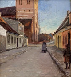 Gate i Køge med Nicolai kirke til venstre