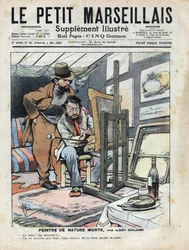 En maler på et loft som maler stilleben, vinflasken og kaken som brukes som modell står ikke stille. Illustrasjon av Albert Guillaume (1873-1942) fra "" Le petit Marseillais"" 04/05/1902