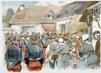 Militært band i en landsby i "" Military Album"" av Albert Guillaume (1873-1942), ca. 1900