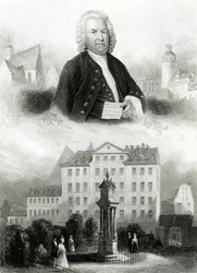 Portrett av Johann Sebastian Bach (1685-1750) og monument