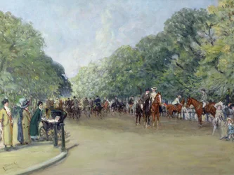Utsikt over Hyde Park med figurer på Rotten Row