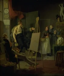 En jente som selger frukt i et kunstnerstudio